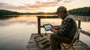 Angler mit moderner Ausruestung am Seeufer studiert Gewaesserkarte