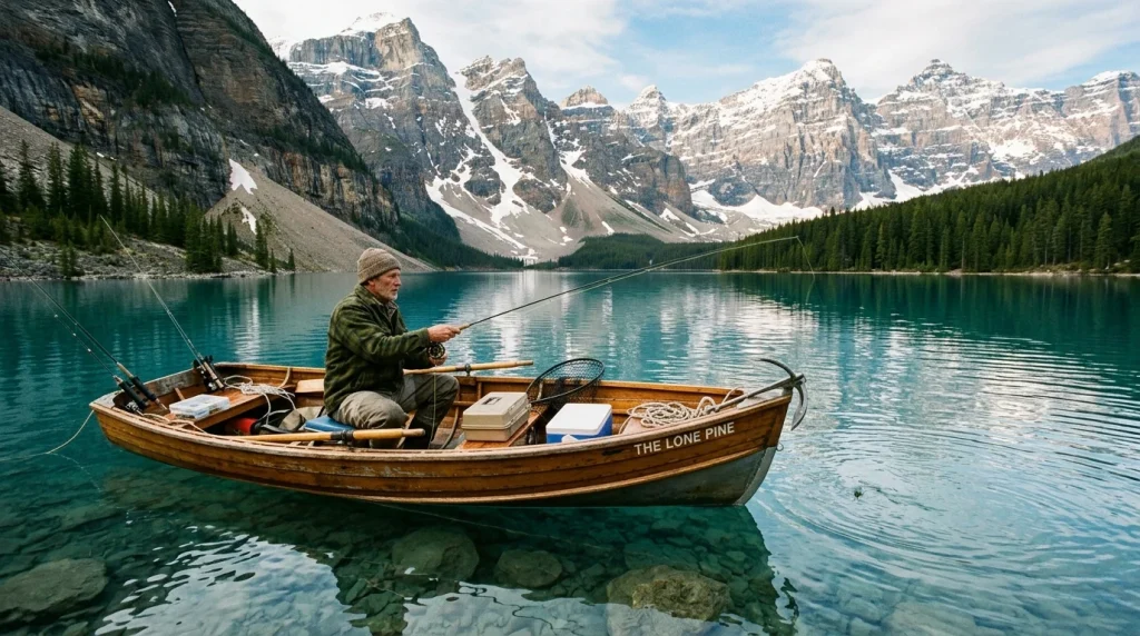 Angler im Boot auf einem glasklaren Bergsee beim See Angeln