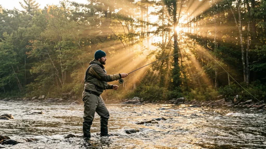 Fliegenfischer im Fluss bei Sonnenaufgang mit Wathose und Fliegenrute