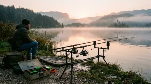 Angelruten am Seeufer in der Morgendaemmerung bei besten Beisszeiten