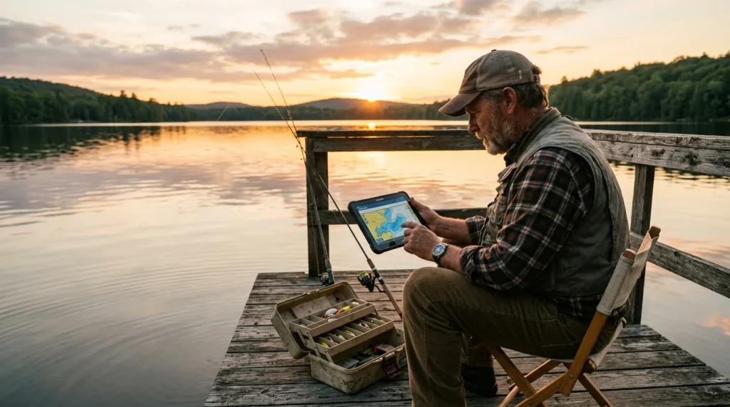 Angler auf Holzsteg am See analysiert digitale Gewaesserkarten auf Tablet
