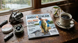 Angelmagazin mit Angelrolle und Kunstkoedern auf rustikalem Holztisch bei Morgenkaffee